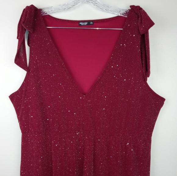 NWOT SHEIN Curve V Neck Dress w/ Tie Shoulder detail in Glitter Burgundy Sz. 4XL - Picture 3 of 14